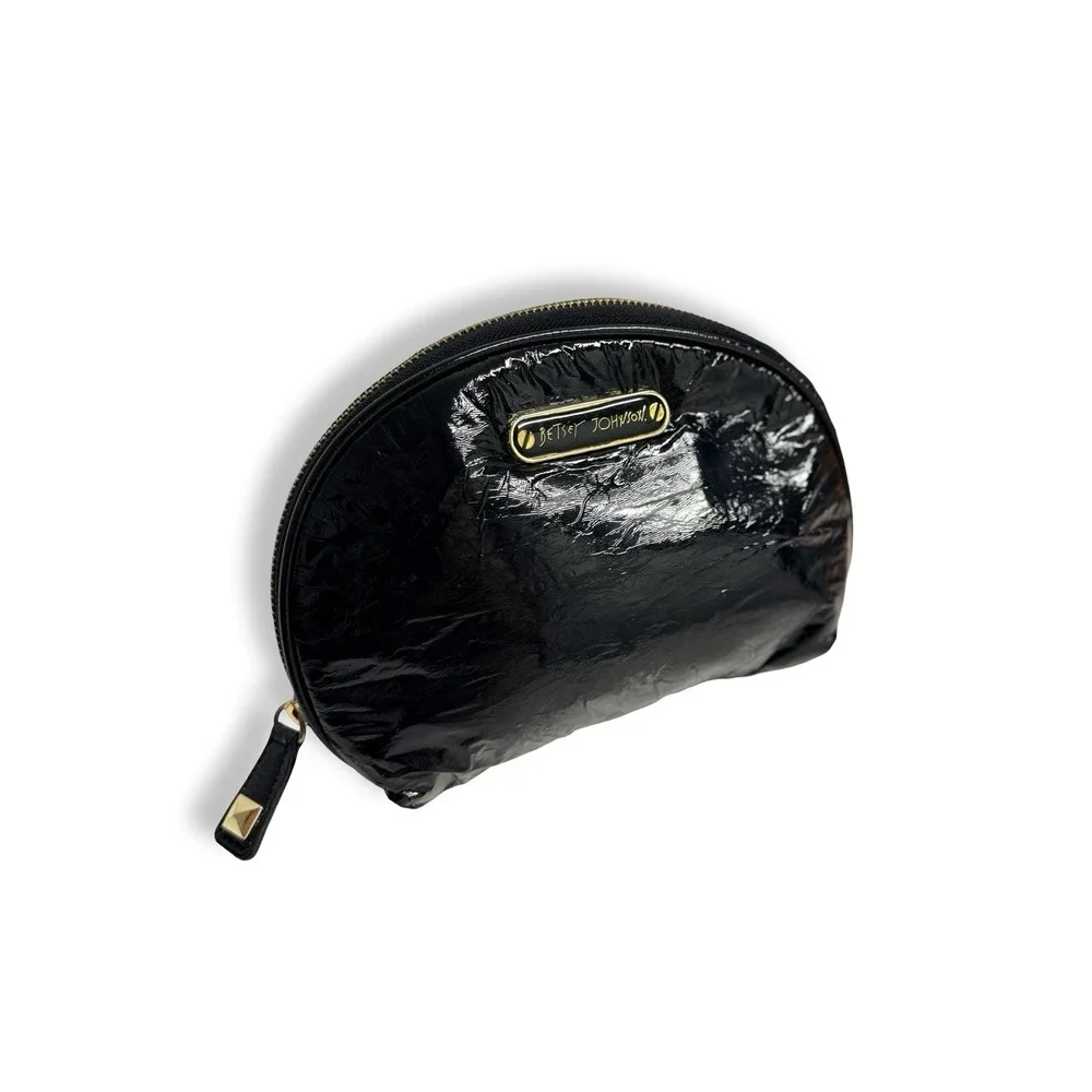 Betsey Johnson Black Patent Leather Dome Cosmetic Bag Makeup Pouch Gold Zipper